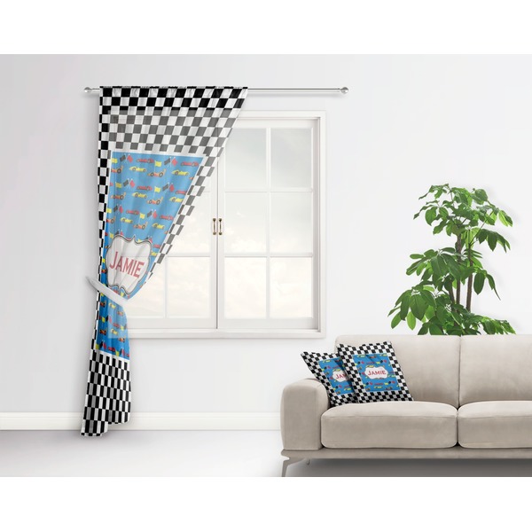 Checkers & Racecars Sheer Curtain With Window and Rod - in Room Matching Pillow
