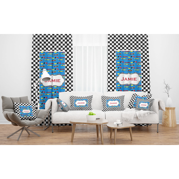 Checkers & Racecars Sheer and Custom Curtains in Room with Matching Pillows