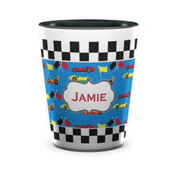 Checkers & Racecars Ceramic Shot Glass - 1.5 oz - Two Tone - Set of 4 (Personalized)