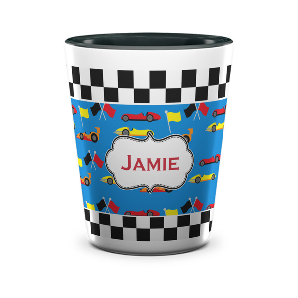 Custom Checkers & Racecars Ceramic Shot Glass - 1.5 oz - Two Tone - Set of 4 (Personalized)