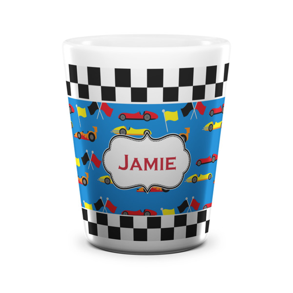Custom Checkers & Racecars Ceramic Shot Glass - 1.5 oz - White - Set of 4 (Personalized)