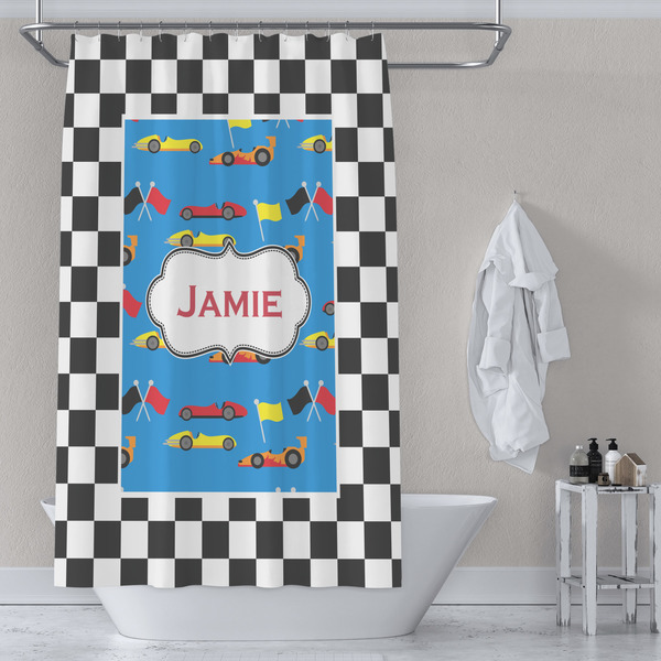 Checkers & Racecars Shower Curtain Lifestyle