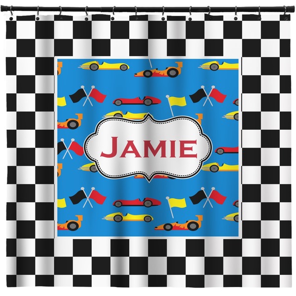Custom Checkers & Racecars Shower Curtain - 71" x 74" (Personalized)