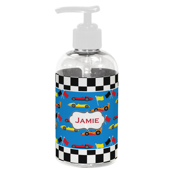 Custom Checkers & Racecars Plastic Soap / Lotion Dispenser (8 oz - Small - White) (Personalized)
