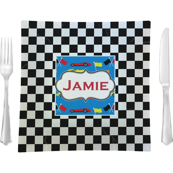 Custom Checkers & Racecars 9.5" Glass Square Lunch / Dinner Plate- Single or Set of 4 (Personalized)