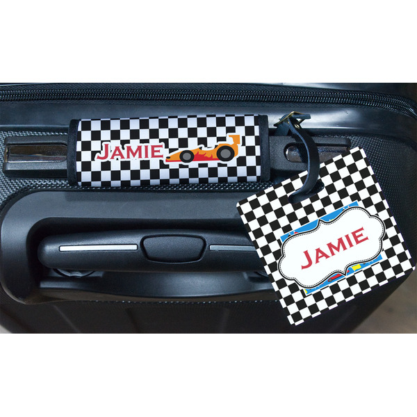 Checkers & Racecars Square Luggage Tag & Handle Wrap - In Context
