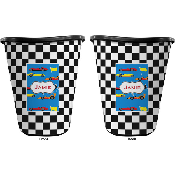 Checkers & Racecars Trash Can Black - Front and Back - Apvl
