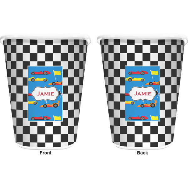 Checkers & Racecars Trash Can White - Front and Back - Apvl