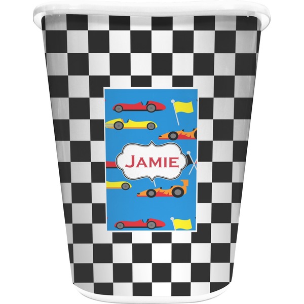 Custom Checkers & Racecars Waste Basket - Single Sided (White) (Personalized)