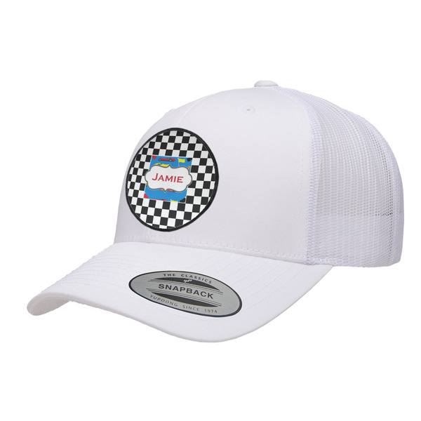 Custom Checkers & Racecars Trucker Hat - White (Personalized)