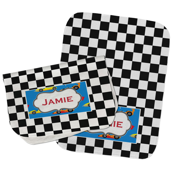 Custom Checkers & Racecars Burp Cloths - Fleece - Set of 2 w/ Name or Text
