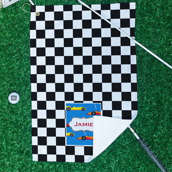 Checkers & Racecars Waffle Weave Golf Towel - In Context