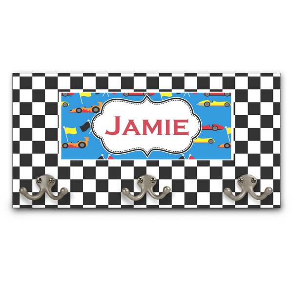 Custom Checkers & Racecars Wall Mounted Coat Rack (Personalized)