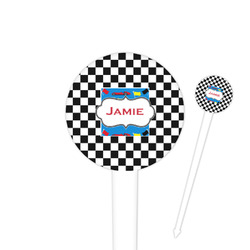 Checkers & Racecars 4" Round Plastic Food Picks - White - Single Sided (Personalized)