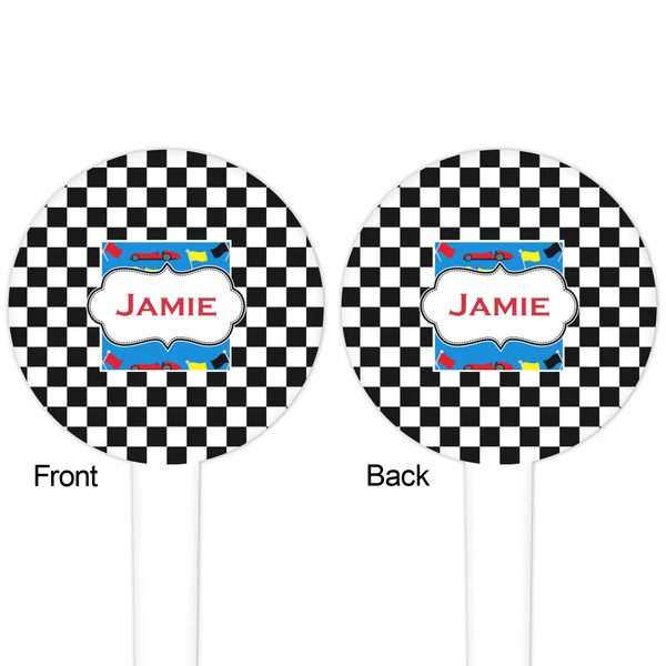 Checkers & Racecars White Plastic 4" Food Pick - Round - Double Sided - Front & Back