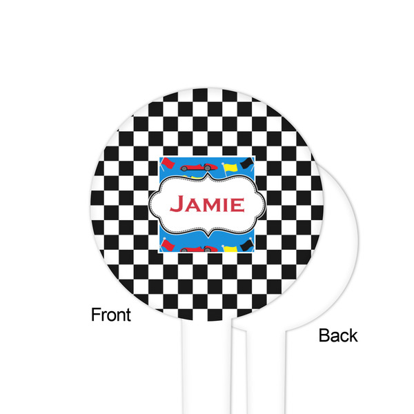 Checkers & Racecars White Plastic 4" Food Pick - Round - Single Sided - Front & Back