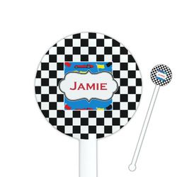 Checkers & Racecars 5.5" Round Plastic Stir Sticks - White - Single Sided (Personalized)