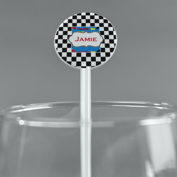 Checkers & Racecars White Plastic 5.5" Stir Stick - Round - Main
