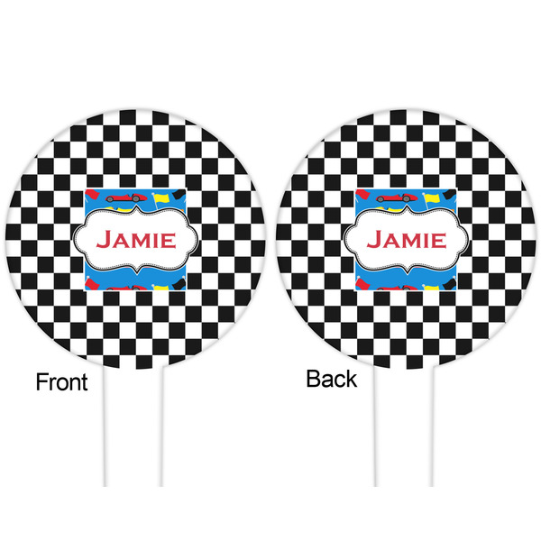 Checkers & Racecars White Plastic 6" Food Pick - Round - Double Sided - Front & Back