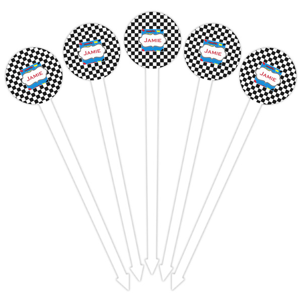 Checkers & Racecars White Plastic 6" Food Pick - Round - Fan View