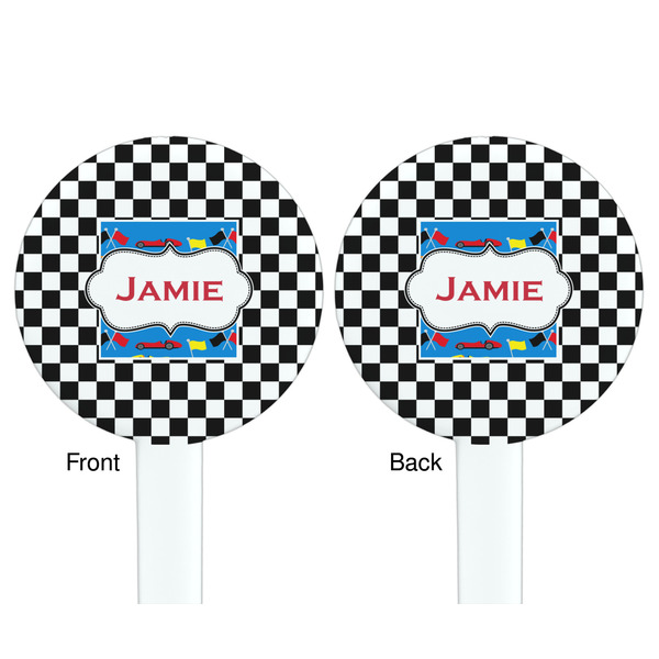 Checkers & Racecars White Plastic 7" Stir Stick - Double Sided - Round - Front & Back