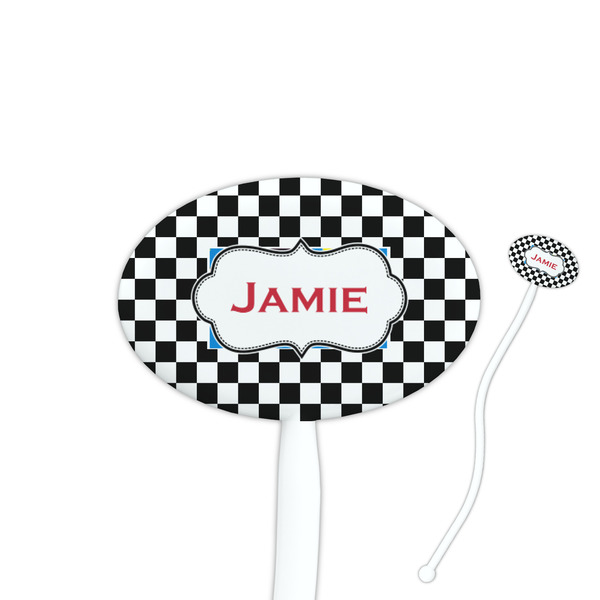 Custom Checkers & Racecars 7" Oval Plastic Stir Sticks - White - Double Sided (Personalized)