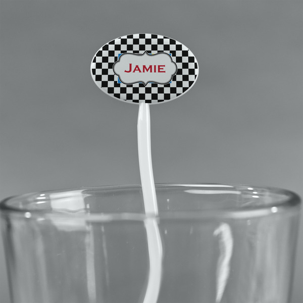 Checkers & Racecars White Plastic 7" Stir Stick - Oval - Main