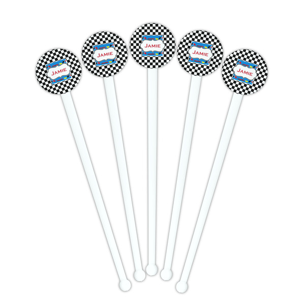 Checkers & Racecars White Plastic 7" Stir Stick - Round - Fan View