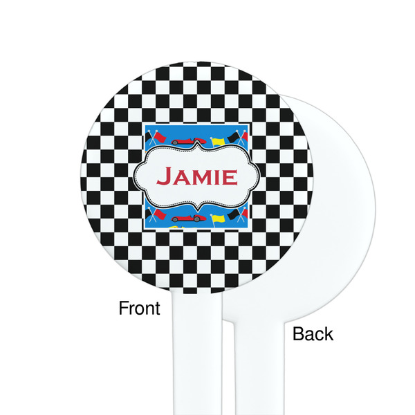 Checkers & Racecars White Plastic 7" Stir Stick - Single Sided - Round - Front & Back