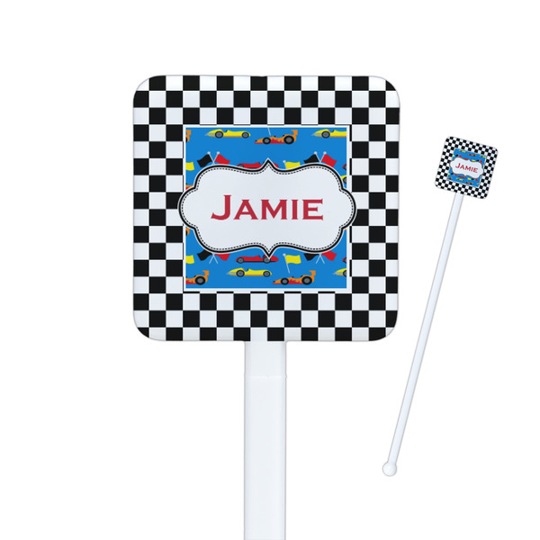Custom Checkers & Racecars Square Plastic Stir Sticks (Personalized)