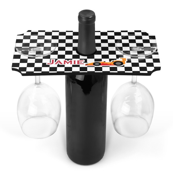 Custom Checkers & Racecars Wine Bottle & Glass Holder (Personalized)