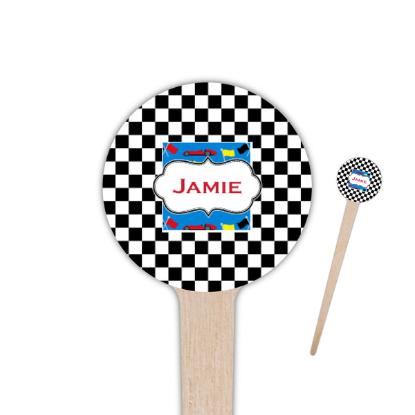 Custom Checkers & Racecars 4" Round Wooden Food Picks - Single Sided (Personalized)