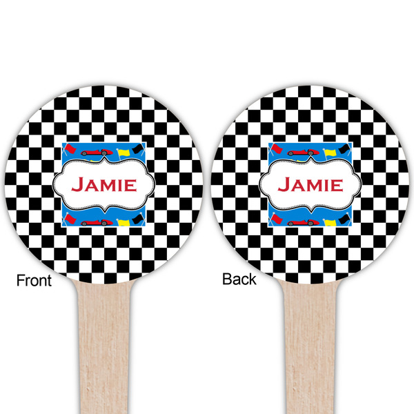 Checkers & Racecars Wooden 4" Food Pick - Round - Double Sided - Front & Back