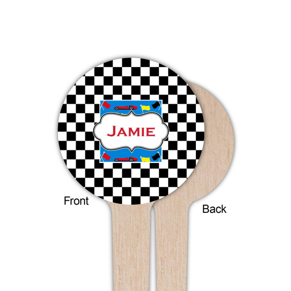 Checkers & Racecars Wooden 4" Food Pick - Round - Single Sided - Front & Back