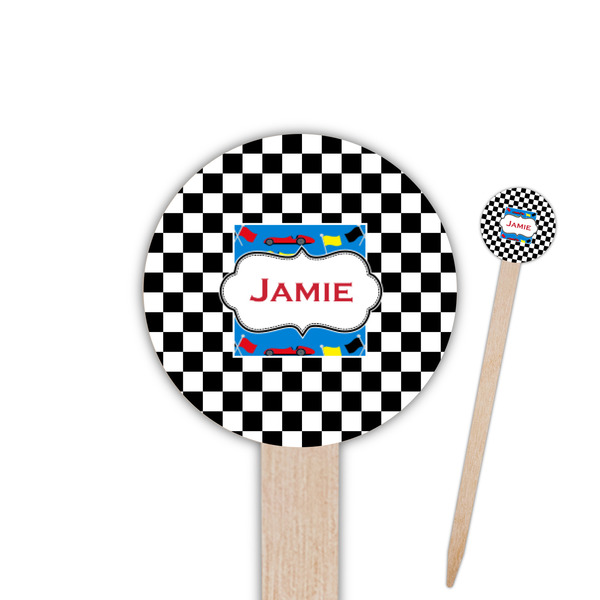 Custom Checkers & Racecars 6" Round Wooden Food Picks - Single Sided (Personalized)
