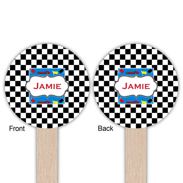 Checkers & Racecars Wooden 6" Food Pick - Round - Double Sided - Front & Back