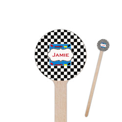 Checkers & Racecars 7.5" Round Wooden Stir Sticks - Single Sided (Personalized)