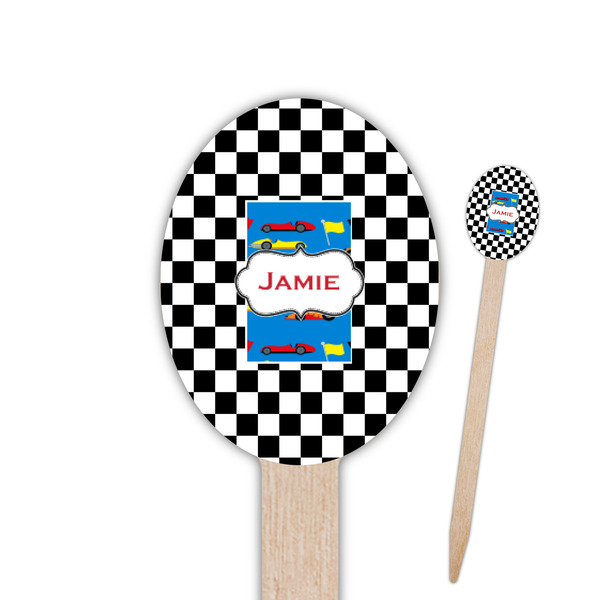 Custom Checkers & Racecars Oval Wooden Food Picks (Personalized)