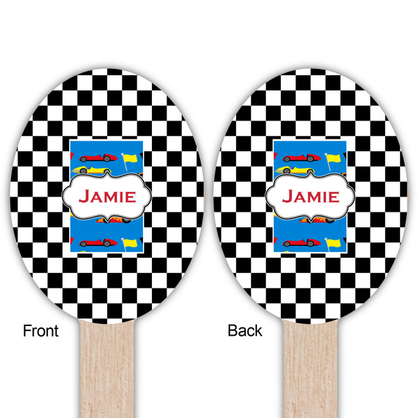 Checkers & Racecars Wooden Food Pick - Oval - Double Sided - Front & Back