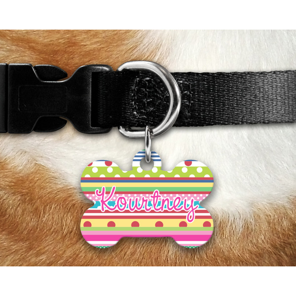 Ribbons Bone Shaped Dog Tag on Collar & Dog