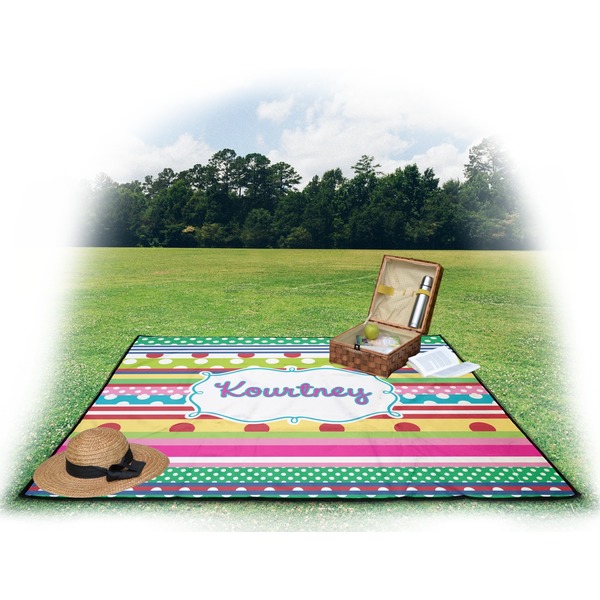 Ribbons Picnic Blanket - with Basket Hat and Book - in Use