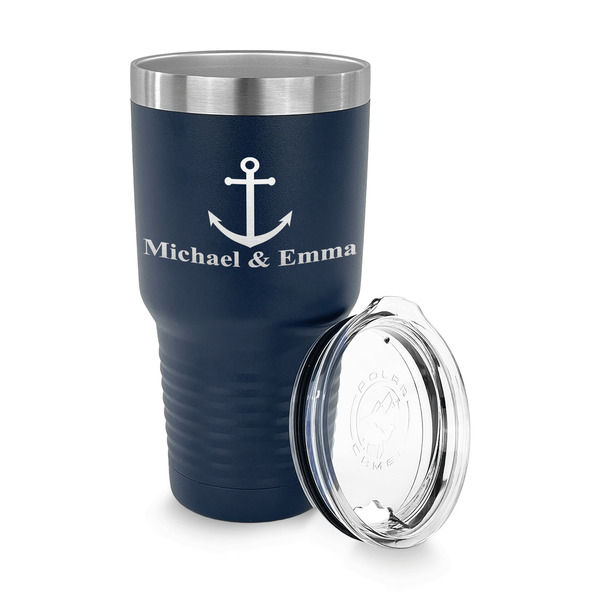 All Anchors 30 oz Stainless Steel Ringneck Tumblers - Navy - LID OFF
