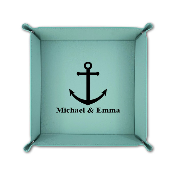 All Anchors 6" x 6" Teal Leatherette Snap Up Tray - FOLDED UP