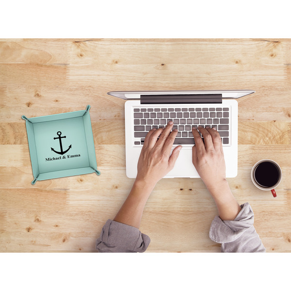 All Anchors 6" x 6" Teal Leatherette Snap Up Tray - LIFESTYLE
