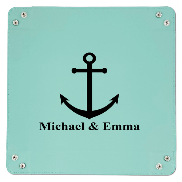 All Anchors 9" x 9" Teal Leatherette Snap Up Tray - APPROVAL