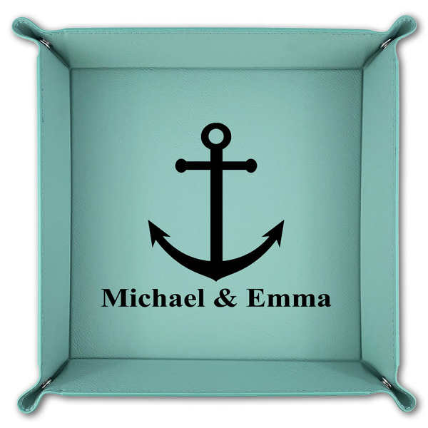 All Anchors 9" x 9" Teal Leatherette Snap Up Tray - FOLDED