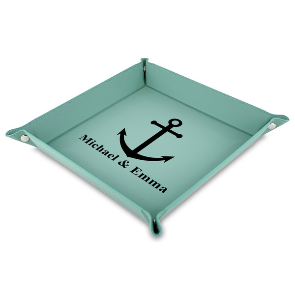 Custom All Anchors Faux Leather Dice Tray - 9" x 9"  - Teal (Personalized)