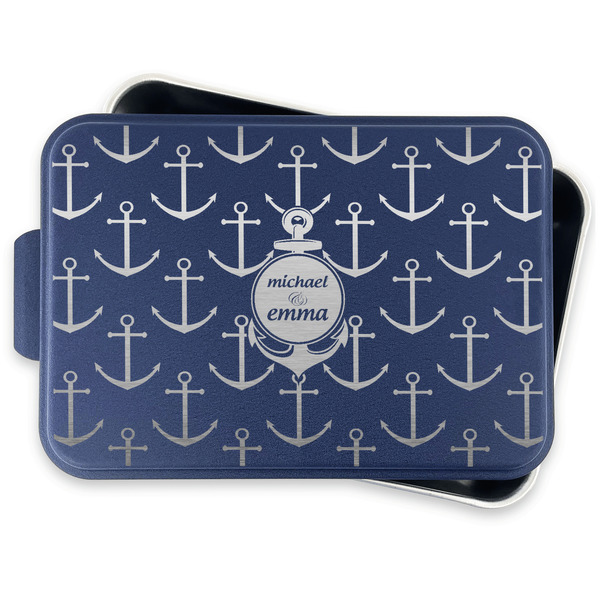 All Anchors Aluminum Baking Pan - Navy Lid - FRONT w/lid off