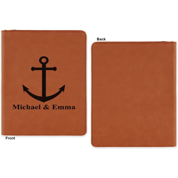 All Anchors Cognac Leatherette Zipper Portfolios with Notepad - Single Sided - Apvl