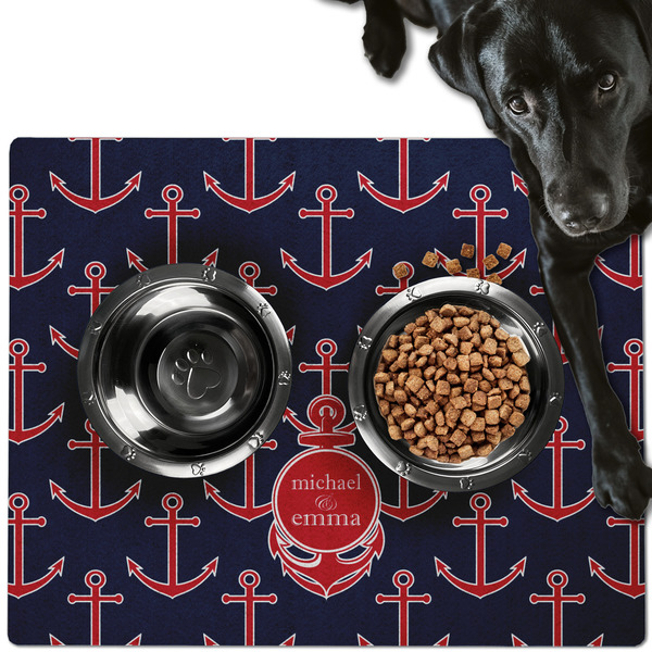 Custom All Anchors Dog Food Mat - Large w/ Couple's Names